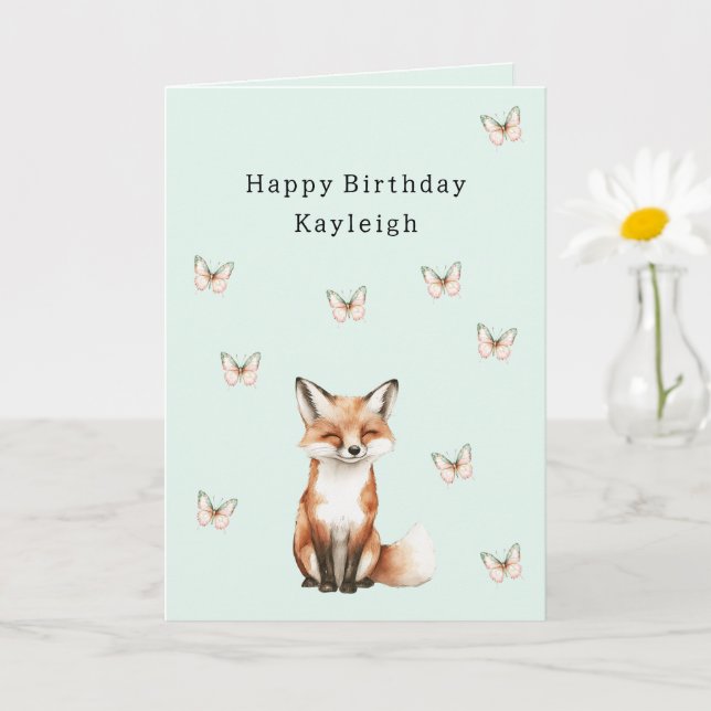 Mint Cute Happy Fox Butterflies Birthday Kort (Liten växt)