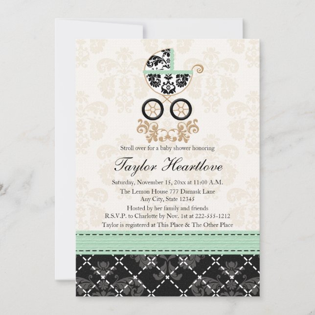 MINT DAMASK BABY, BABY SHOWER INBJUDNINGAR (Framsida)
