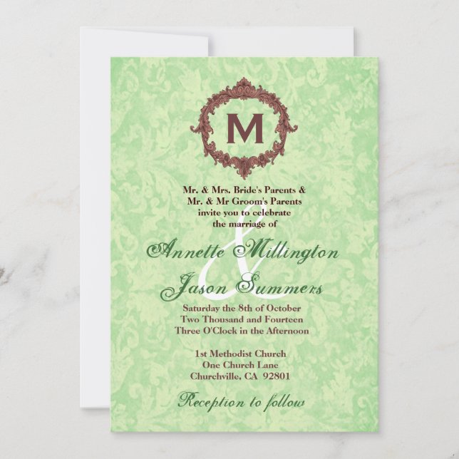 Mint Damask Chocolate Ram Monogram Bröllop Inbjudningar (Framsida)