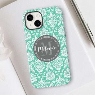 Mint Damask Grått Monogram Namn