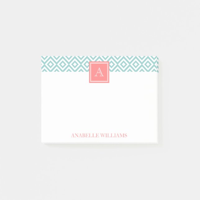 Mint Diamonds Mönster och Coral Monogram Post-it Block (Framsida)