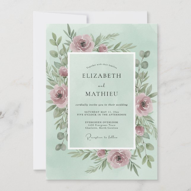 Mint Dusty Rosa Peony Bröllop Inbjudningar (Framsida)