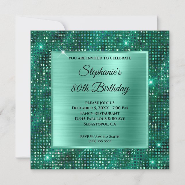 Mint Emerald Diamond Studded Foil 80th Birthday Inbjudningar (Framsida)