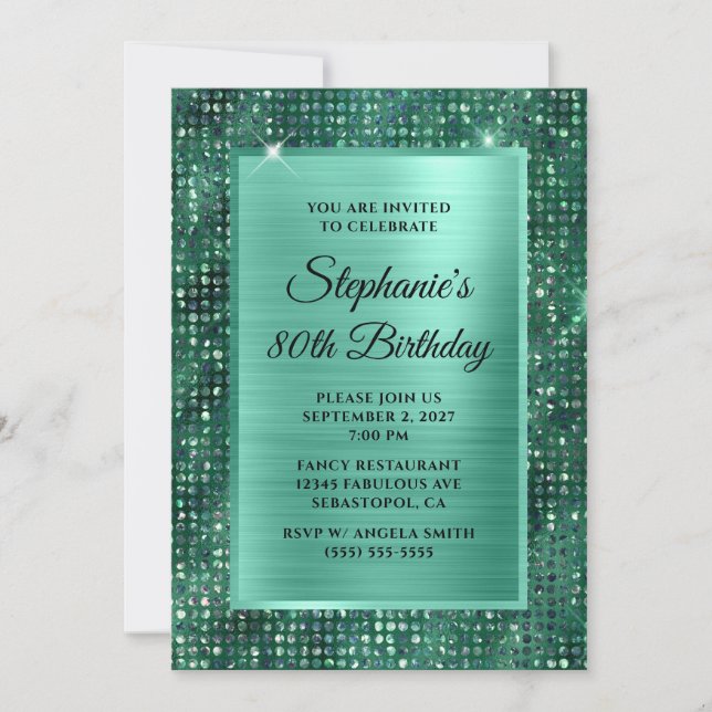 Mint Emerald Diamond Studded Foil 80th Birthday Inbjudningar (Framsida)