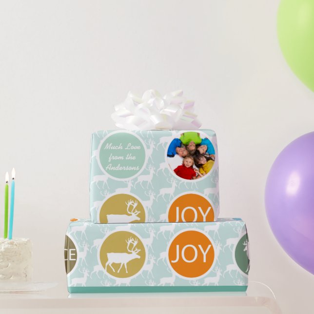 Mint Family Photo Reindeer jul Merry Bright Presentpapper (Festgåvor)