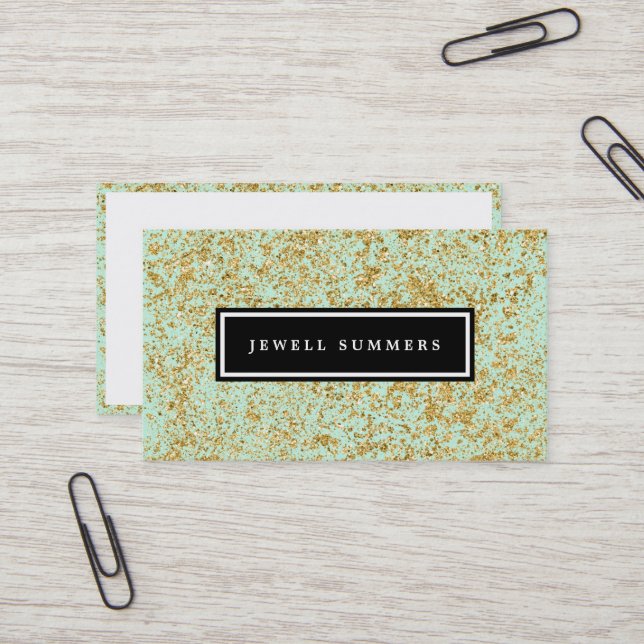 Mint & Faux Glitter Dust i Guld Visitkort (Fram/Back In Situ)