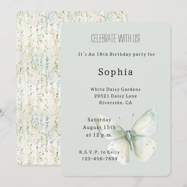 Mint Fjäril Födelsedag Inbjudningar (Fram/baksida)