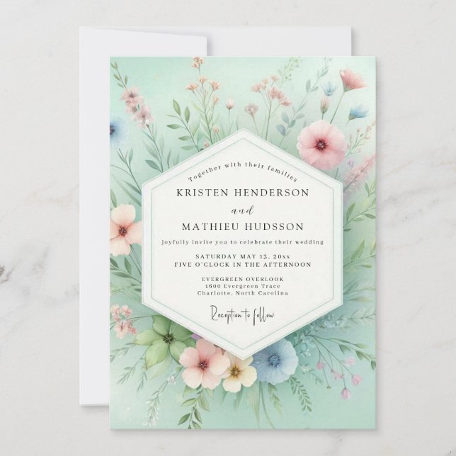 Mint Floral Äng Romantik Bröllop Inbjudningar (Framsida)