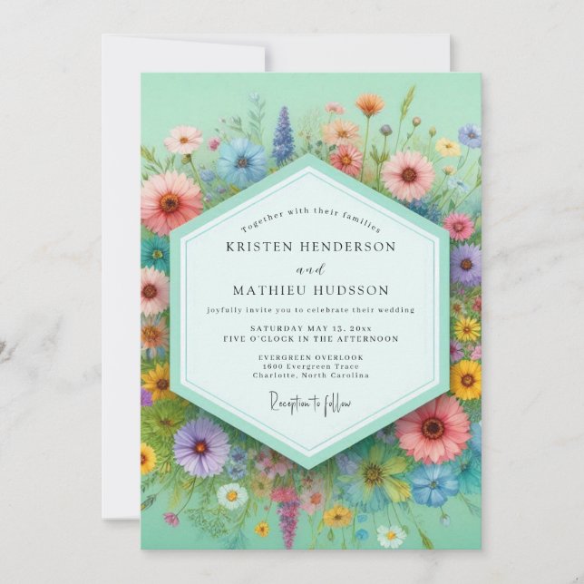 Mint Floral Äng Whimsy Bröllop Inbjudningar (Framsida)