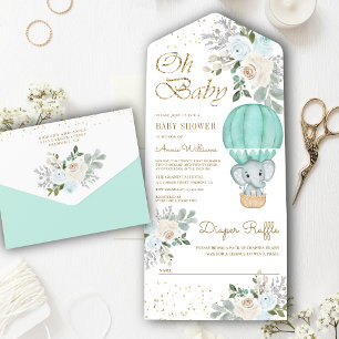 Mint Floral Varm Luft Ballong Elefant Baby Shower