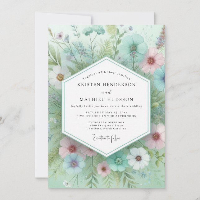 Mint Floral Whimsical Wedding Inbjudningar (Framsida)