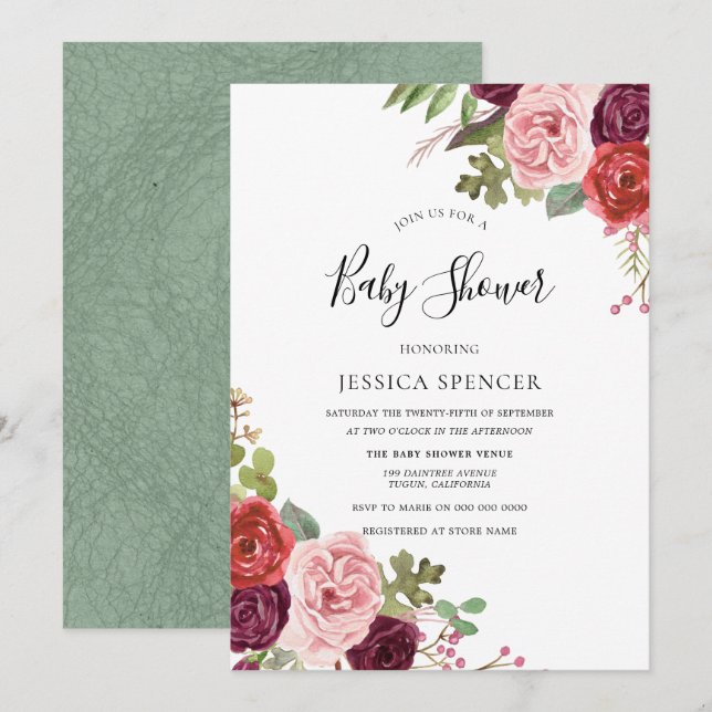 Mint &  Flowers Neutralt Baby Shower Inbjudan (Fram/baksida)