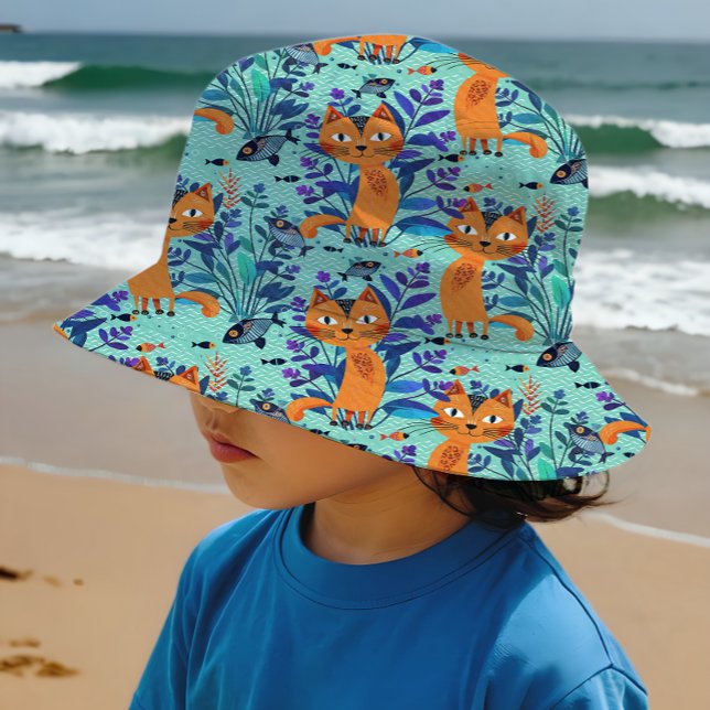 Mint FolArt Cats och Fish Mönster Tyg (Sew your own bucket hats)