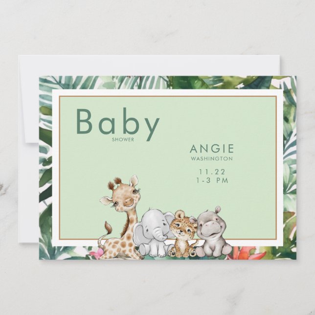 Mint Foliage Jungle Animals Baby Shower Inbjudningar (Framsida)