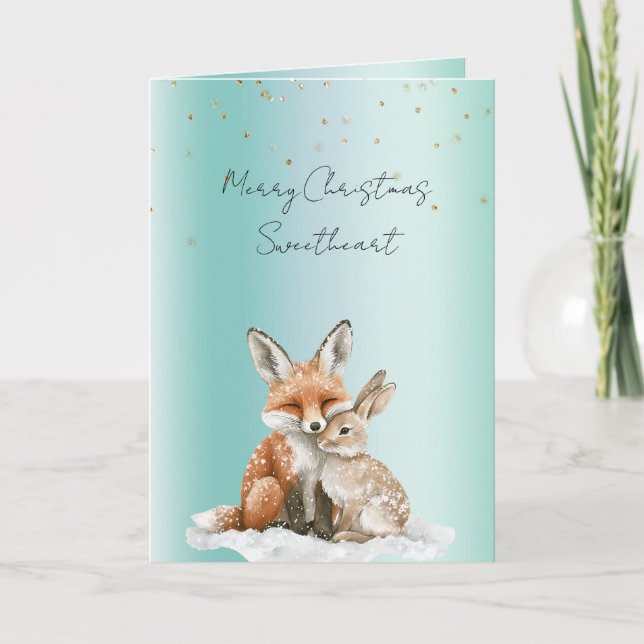 Mint Fox Bunny Love Glitter Sweetheart Christmas Kort (Framsida)