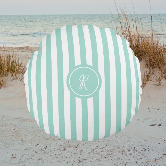 Mint Fransk Beach Rand Personlig Monogram Rund Kudde (Skapare uppladdad)
