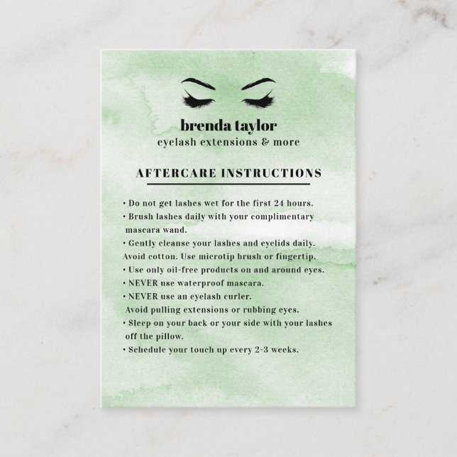 Mint Glam Eyelash Browbar Aftercare Instructions Visitkort (Framsida)