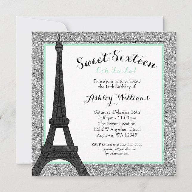 Mint Glam Paris Théed Faux Glitter Sweet 16 Inbjudningar (Framsida)