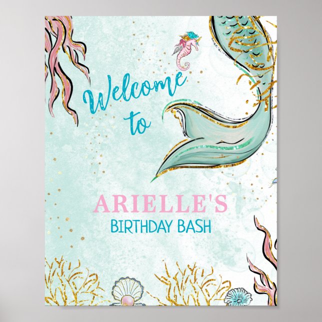Mint Glitter Sjöjungfru stjärt under havet Välkomm Poster (Framsidan)