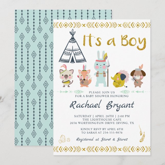 Mint Gold Boho Djur It's A Boy Baby Shower Inbjudningar (Fram/baksida)