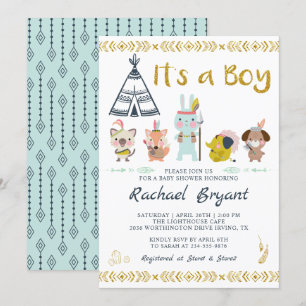 Mint Gold Boho Djur It's A Boy Baby Shower Inbjudningar