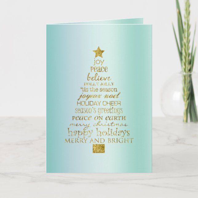 Mint Gold Inspirational Christmas Tree Peace Joy  Kort (Framsida)