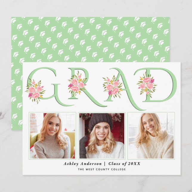 Mint GRAD-typografi rosa ros-foto studenten Meddelande (Fram/baksida)