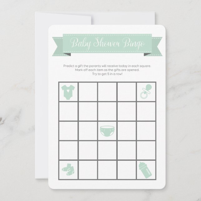 Mint Grått Baby Shower Bingo Game Dubbla Side (Framsida)