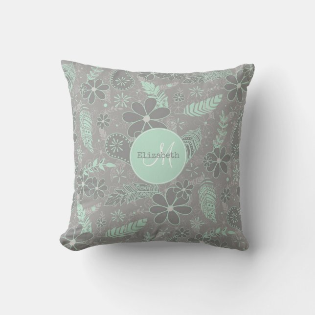 mint grått boho-blommor fjädrar paisley mönster kudde (Framsida)