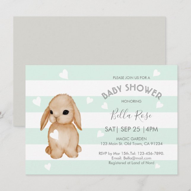 Mint Grått Bunny Baby Shower-inbjudningar Inbjudningar (Fram/baksida)