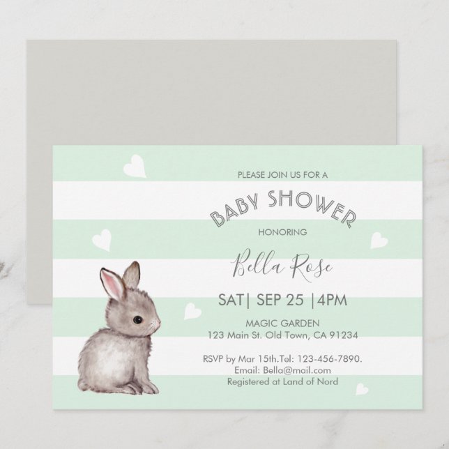 Mint Grått Bunny Baby Shower-inbjudningar Inbjudningar (Fram/baksida)