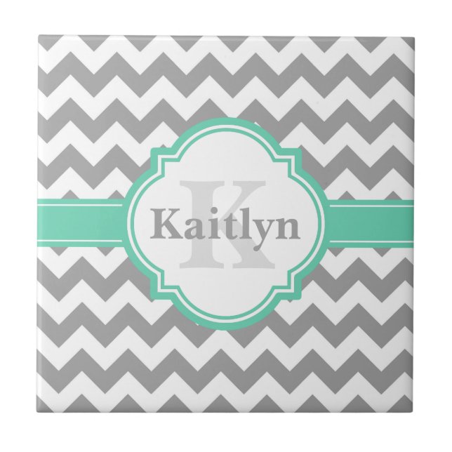 Mint Grått Chevron Mönster & Moroccan Quatrefoil Kakelplatta (Framsidan)