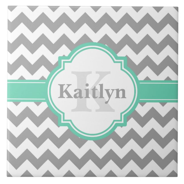 Mint Grått Chevron Mönster & Moroccan Quatrefoil Kakelplatta (Framsidan)