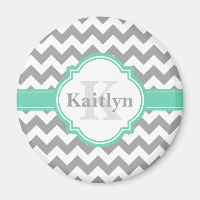 Mint Grått Chevron Mönster & Moroccan Quatrefoil Magnet (Framsidan)