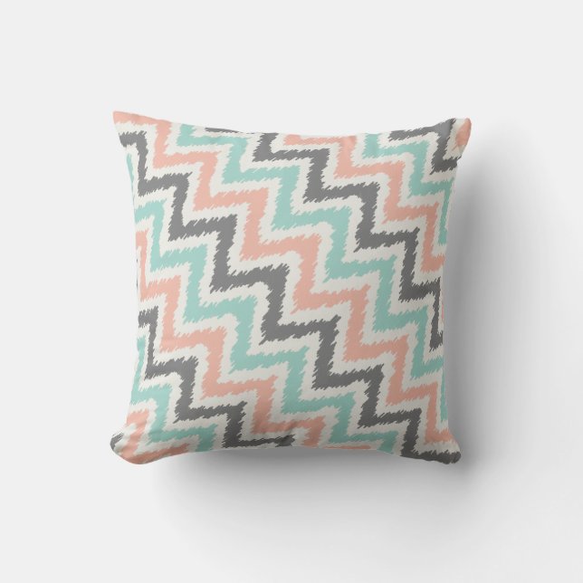 Mint Grått Coral Zigzag Ikat Mönster Kudde (Framsida)