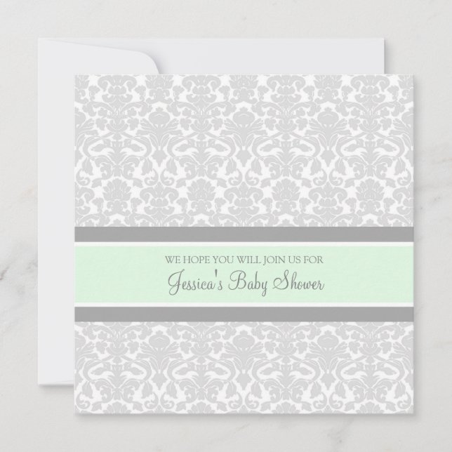 Mint Grått Damask Anpassningsbar Baby Shower-inbju Inbjudningar (Framsida)