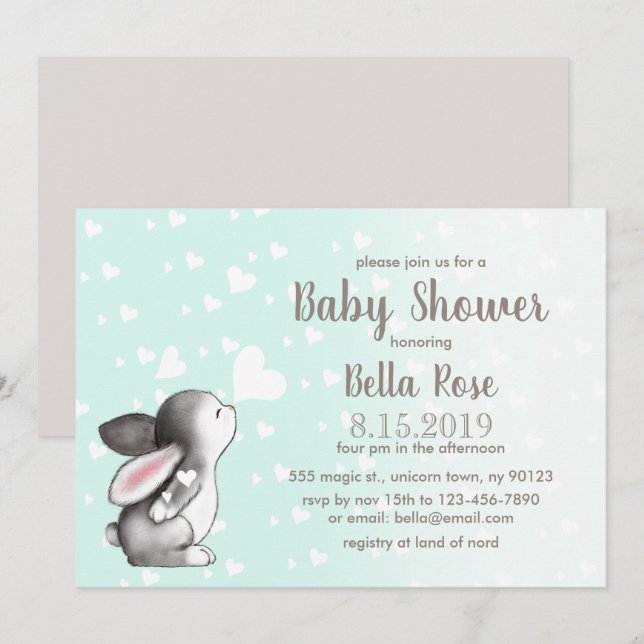 Mint Grått Hearts Bunny Baby Shower-inbjudningar Inbjudningar (Fram/baksida)