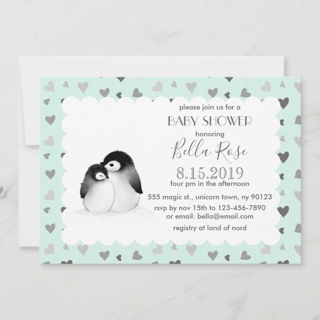 Mint Grått Hearts Penguins Baby Shower-inbjudninga Inbjudningar (Framsida)