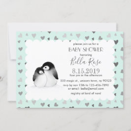 Mint Grått Hearts Penguins Baby Shower-inbjudninga Inbjudningar
