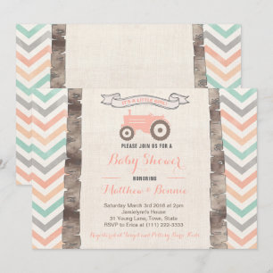 Mint Grått Peach Tractor Girl Shower Inbjudningar
