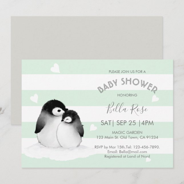 Mint Grått Penguin Baby Shower-inbjudningar Inbjudningar (Fram/baksida)