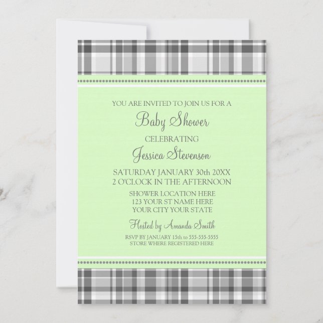 Mint Grått Plaid Anpassningsbar Baby Shower-inbjud Inbjudningar (Baksida)