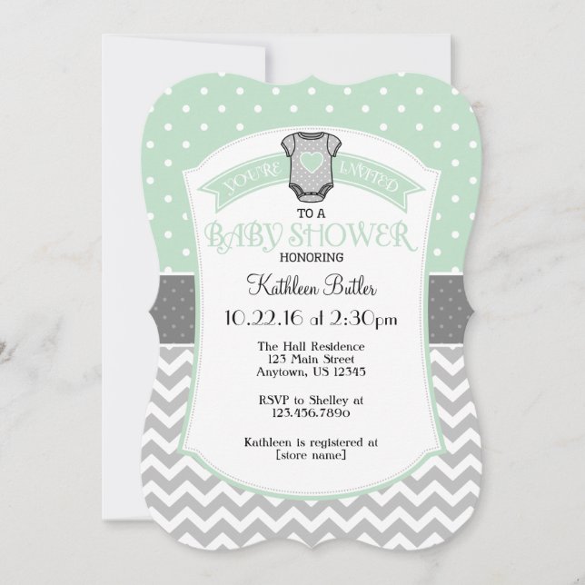 Mint Grått Polka Dot Chevron Baby Shower Inbjudan (Framsida)