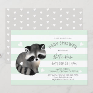 Mint Grått Rand Raccoon Heart Baby Shower Card Inbjudningar