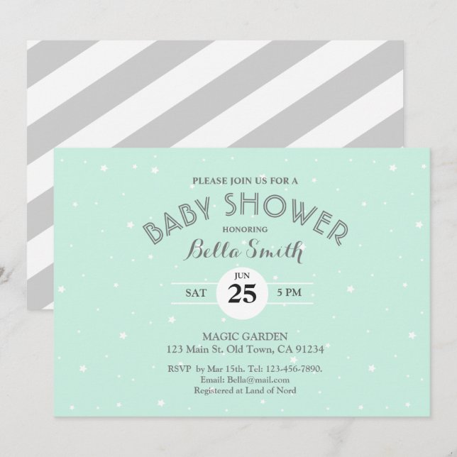 Mint Grått Stars White Rand Baby Shower Card Inbjudningar (Fram/baksida)