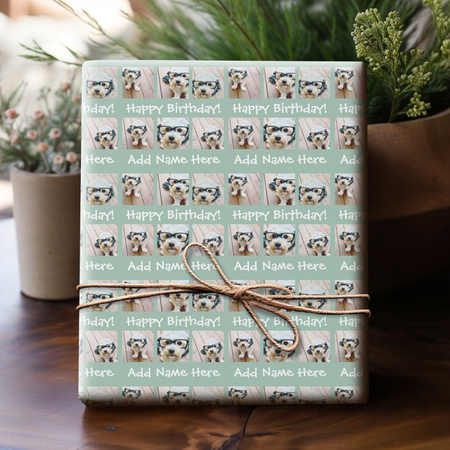 Mint Grattis på födelsedagen Namn 6 Square Photo C Presentpapper (Custom Photo Wrapping Paper)