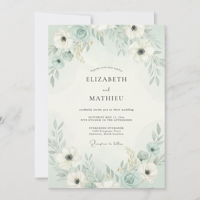 Mint Green Airy Floral Wedding Inbjudningar (Framsida)