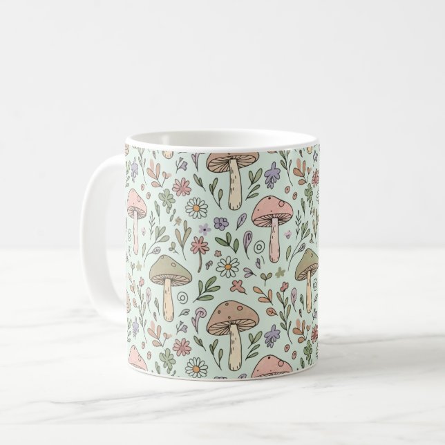 Mint Green Botanical Fungi Seamless Pattern Kaffemugg (Framsida vänster)