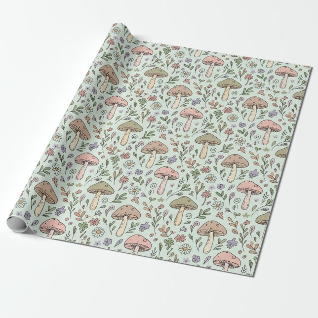 Mint Green Botanical Fungi Seamless Pattern Presentpapper (Utrullad)