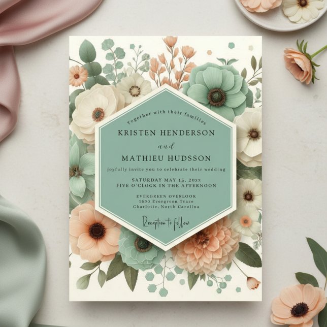 Mint Green Botanical Romance Wedding Inbjudningar (Skapare uppladdad)